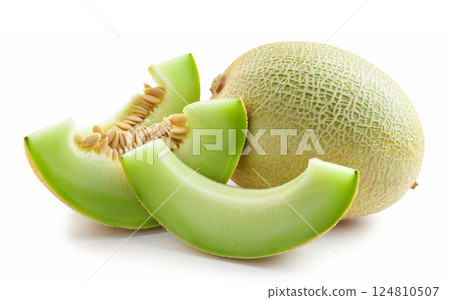 Fresh cantaloupe melon slices isolated on white. Fresh cantaloupe melon slices isolated on white. 124810507