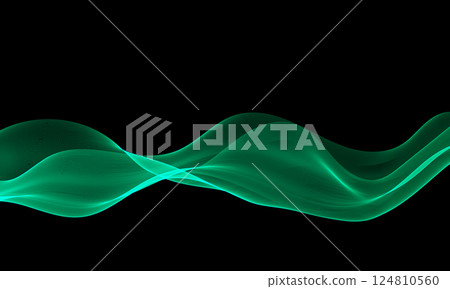 Green abstract wave flow of wavy lines, glowing on black background. 124810560