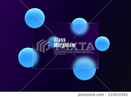 Website landing page template in glass morphism style. Presentation screen with glass overlay effect on floating gradient spheres. Frosted glass effect on dark background. 124810562