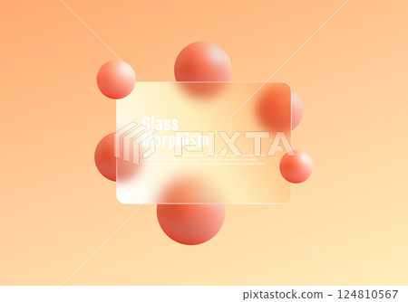 Glass morphism website landing page template. Frosted glass partition with floating 3D spheres. Glass morphism website landing page template. Frosted glass partition with floating 3D spheres. 124810567
