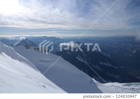 Tranquil Lake With Lush Green Forest, Snow-Capped Mountain, Blue Sky And White Clouds Tranquil Lake With Lush Green Forest, Snow-Capped Mountain, Blue Sky And White Clouds 124810947