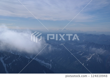Tranquil Lake With Lush Green Forest, Snow-Capped Mountain, Blue Sky And White Clouds Tranquil Lake With Lush Green Forest, Snow-Capped Mountain, Blue Sky And White Clouds 124810948