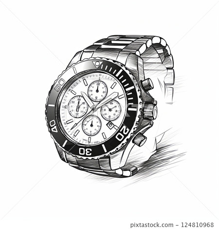 Black and white sketch of a wristwatch with a white dial and a black bezel. 124810968