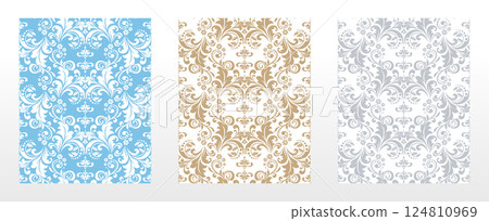 Wallpapers in the style of Baroque.. Set of colored floral ornaments. Seamless vector backgrounds Graphic patterns for fabric, wallpaper, packaging. Ornate Damask flower illustration 124810969