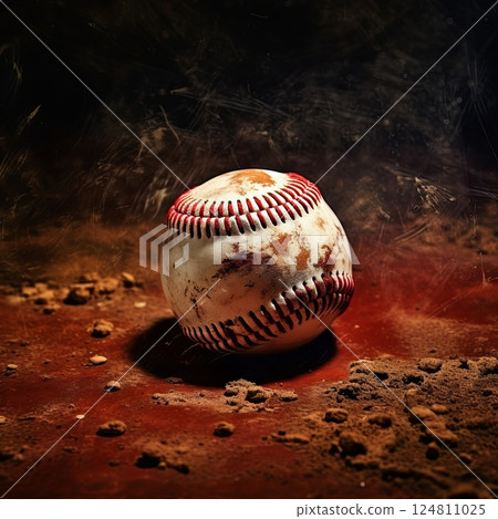 Close up of a baseball resting on the ground with a vibrant blue background in the outdoors 124811025