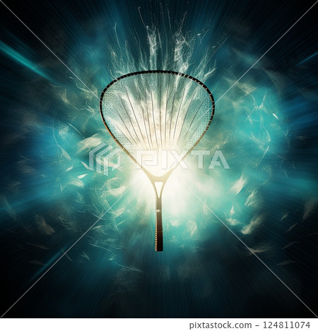 Glowing Tennis Racket Surrounded by a Radiant Net on a Striking Black Background 124811074
