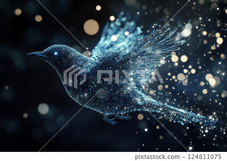Glittering hummingbird in a mystical, sparkling atmosphere filled with vibrant colors and luminous particles 124811075