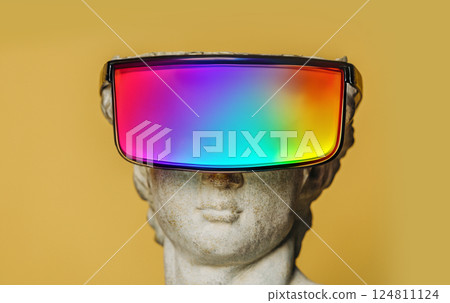 Antique bust of a young man wearing virtual reality glasses 124811124