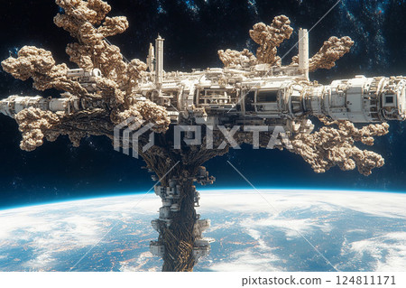 Floating tree city in space showcases futuristic architecture amid the cosmos 124811171
