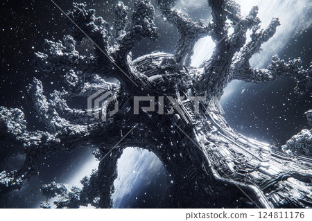 Floating tree city in space showcases futuristic architecture amid the cosmos Floating tree city in space showcases futuristic architecture amid the cosmos 124811176