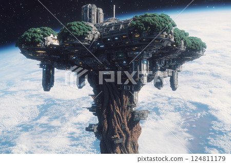 Floating tree city in space showcases futuristic architecture amid the cosmos 124811179