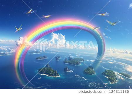 Vibrant rainbow arches over floating islands in a surreal fantasy landscape with a celestial backdrop 124811186