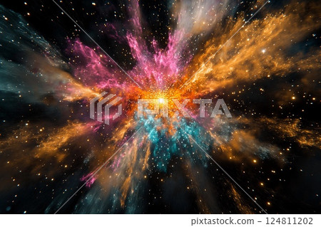 Cosmic explosion showcasing vibrant colors and swirling particles in deep space 124811202
