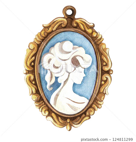 Baroque cameo golden pendant with gem girl silhouette Elegant watercolor illustration of oval antique bronze locket Perfect for vintage fashion, romantic postcard, sign, sticker, Valentine's day decor Baroque cameo golden pendant with gem girl silhouette Elegant watercolor illustration of oval antique bronze locket Perfect for vintage fashion, romantic postcard, sign, sticker, Valentine's day decor 124811299