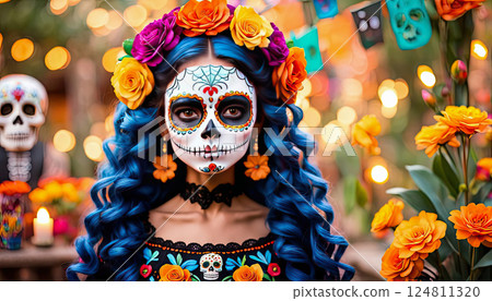A beautiful woman with sugar skull face paint, curly hair, and colorful flowers in her long hair, set against a Mexican Day of the Dead festival background 124811320