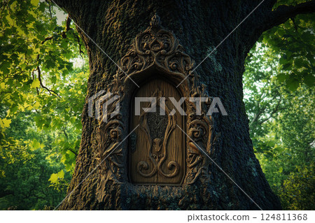 Wooden door carved into a tree trunk surrounded by autumn leaves in a forest setting 124811368