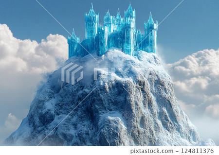 Majestic ice castle rises high above clouds on a snowy mountain peak under a bright blue sky 124811376