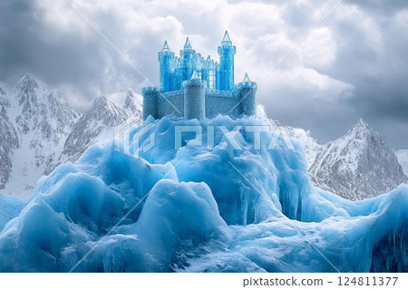 Majestic ice castle rises high above clouds on a snowy mountain peak under a bright blue sky Majestic ice castle rises high above clouds on a snowy mountain peak under a bright blue sky 124811377
