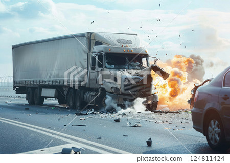 Collision of vehicles involved in major accident on city road with major damage, abstract vivid composition consists of fictional unreal fantastic vision on background 124811424