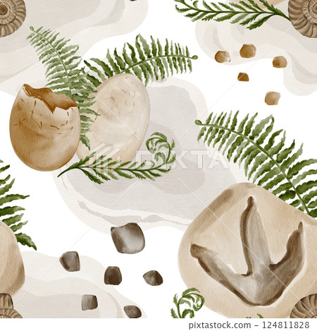 Seamless pattern with eggs. Fossils and plants. Dinosaur footprint on stone. Ancient ammonite shell. Small pebbles. Broken egg. Watercolor illustration without background. Hand drawing. Seamless pattern with eggs. Fossils and plants. Dinosaur footprint on stone. Ancient ammonite shell. Small pebbles. Broken egg. Watercolor illustration without background. Hand drawing. 124811828