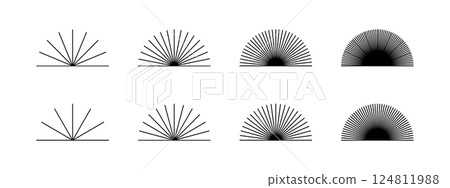 Straight radial lines in semicircle shapes. Set of sun rays icons isolated on white background. Sunburst, sunrice or sunset signs. Radiance, explosion or firework symbols. Vector graphic illustration Straight radial lines in semicircle shapes. Set of sun rays icons isolated on white background. Sunburst, sunrice or sunset signs. Radiance, explosion or firework symbols. Vector graphic illustration 124811988