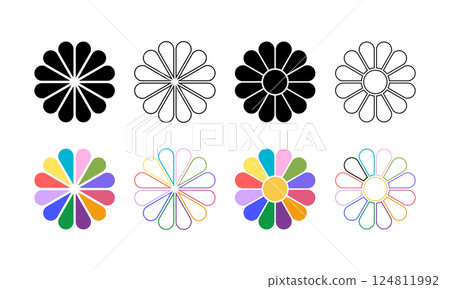 Daisy or gerbera silhouettes. Flower diagrams with 12 petals and core. Floral pie charts divided on equal segments in leaf shapes isolated on white background. Vector illustration Daisy or gerbera silhouettes. Flower diagrams with 12 petals and core. Floral pie charts divided on equal segments in leaf shapes isolated on white background. Vector illustration 124811992