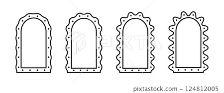Set of arch shapes with wavy edges. Archway door, window or portal frames. Simple geometric forms with wiggly borders. Empty boxes, tags or labels. Vector graphic illustration 124812005
