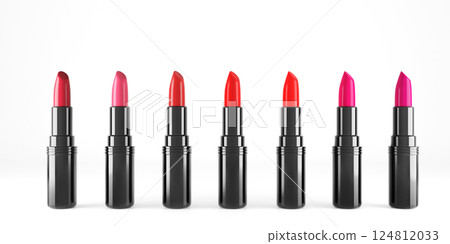 Lipsticks tubes in white studio. 124812033