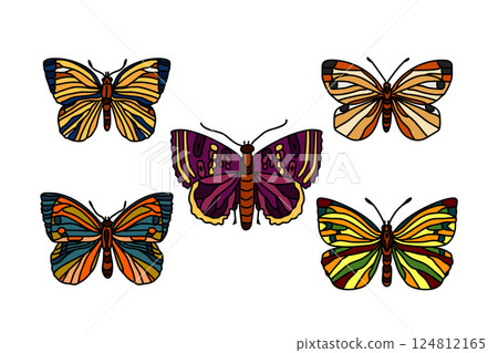 Botanical butterflies collection isolated on white background. Hand drawn colorful butterfly set vector illustration.Graphic design elements for Birthday Greeting Card Print Fashion Icon Symbol Poster 124812165