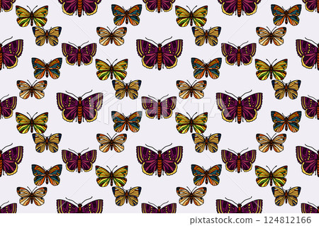 Botanical butterflies seamless pattern vector illustration. Repeating hand drawn colorful butterfly in gray background. Graphic design for Fashion Cover Textile Wedding Birthday Greeting Card Print 124812166