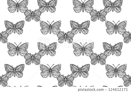 Line art botanical butterflies seamless pattern vector illustration. Outline repeating doodle butterfly in white background. Graphic design for Fashion Cover Textile Coloring Page Birthday Card Print 124812171