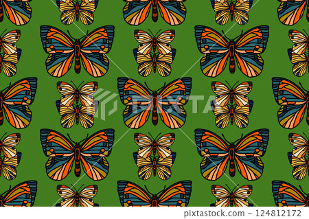 Botanical butterflies seamless pattern vector illustration. Repeating hand drawn colorful butterfly in green background. Graphic design for Fashion Cover Textile Wedding Birthday Greeting Card Print Botanical butterflies seamless pattern vector illustration. Repeating hand drawn colorful butterfly in green background. Graphic design for Fashion Cover Textile Wedding Birthday Greeting Card Print 124812172