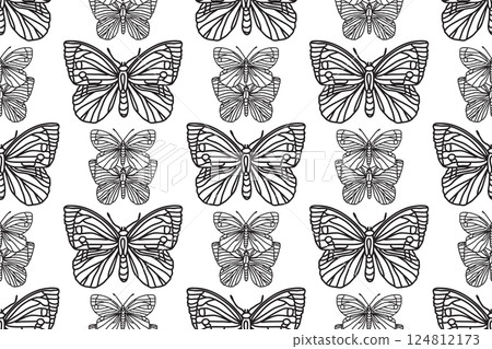 Line art botanical butterflies seamless pattern vector illustration. Outline repeating doodle butterfly in white background. Graphic design for Fashion Cover Textile Coloring Page Birthday Card Print 124812173