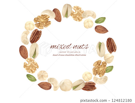 Vector illustration frame of mixed nuts drawn by watercolor Vector illustration frame of mixed nuts drawn by watercolor 124812180