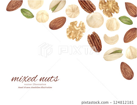 Watercolor hand drawn mixed nuts vector illustration background Watercolor hand drawn mixed nuts vector illustration background 124812181