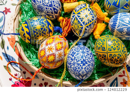 Explore traditional Ukrainian pysanky featuring intricate folk patterns in a vibrant Easter basket filled with colorful Easter eggs representing the beauty of this cultural art form 124812229