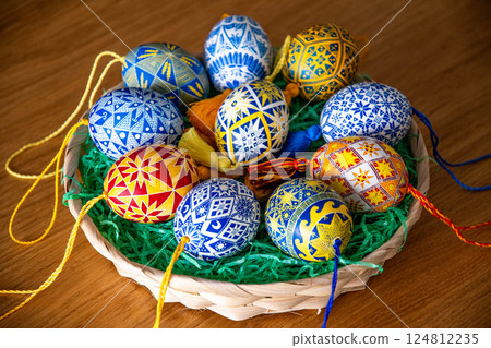 Traditional Ukrainian pysanky decorated with intricate folk patterns and vibrant colors, perfect for an Easter basket filled with joy and cultural artistry 124812235