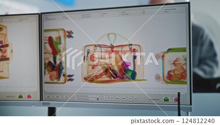 Analyzing Program with X-ray Scanning of Baggage. Rack Focus on Diverse Passengers Analyzing Program with X-ray Scanning of Baggage. Rack Focus on Diverse Passengers 124812240