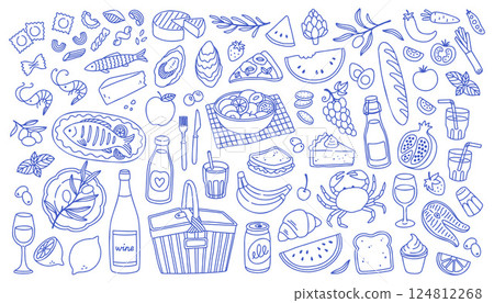 Mediterranean blue summer set. Hand drawn vintage doodle drawing. Family dinner, picnic, breakfast with wine, pasta and snacks. Dolce vita table setting drawings for cafe or restaurant menus design. 124812268