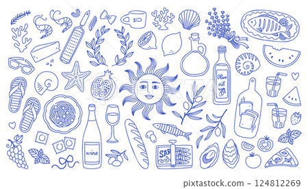 Mediterranean blue summer set. Hand drawn vintage doodle drawing. Family dinner, picnic, breakfast with wine, pasta and snacks. Dolce vita table setting drawings for cafe or restaurant menus design. 124812269