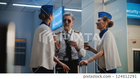 Airline Pilot and Two Beautiful Flight Attendants Talking, Drinking Coffee in Airport Terminal Airline Pilot and Two Beautiful Flight Attendants Talking, Drinking Coffee in Airport Terminal 124812291