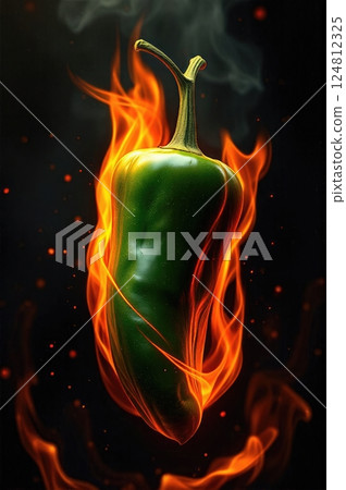 Blazing Chili Peppers  Suspended in Ethereal Flame Tendrils with Dancing Embers Against Dramatic Dark Background 124812325