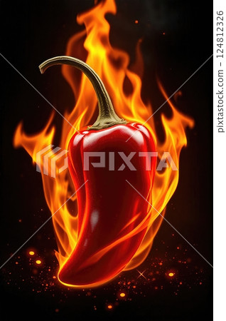 Blazing Chili Peppers  Suspended in Ethereal Flame Tendrils with Dancing Embers Against Dramatic Dark Background 124812326