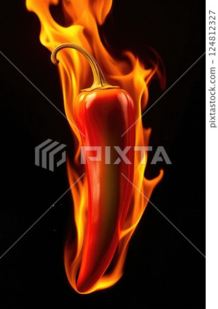 Blazing Chili Peppers  Suspended in Ethereal Flame Tendrils with Dancing Embers Against Dramatic Dark Background 124812327