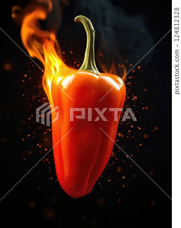 Blazing Chili Peppers  Suspended in Ethereal Flame Tendrils with Dancing Embers Against Dramatic Dark Background 124812328