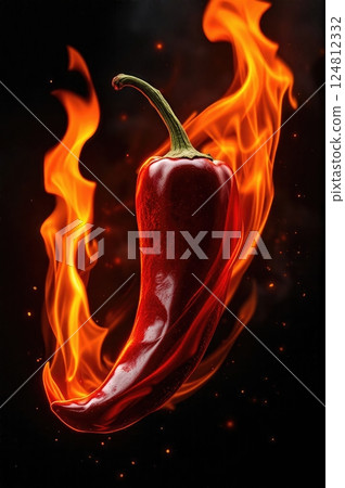 Blazing Chili Peppers  Suspended in Ethereal Flame Tendrils with Dancing Embers Against Dramatic Dark Background 124812332