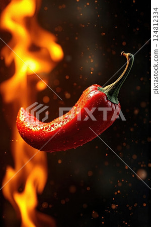 Blazing Chili Peppers  Suspended in Ethereal Flame Tendrils with Dancing Embers Against Dramatic Dark Background 124812334