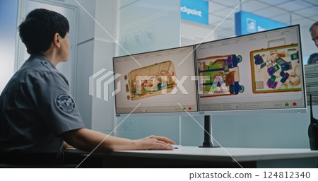 Airport Security Checkpoint: Female Security Officer Monitoring X-ray Scanning of Luggage on Computer Screens 124812340