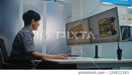 Airport Security Checkpoint: Female Security Officer Monitoring X-ray Scanning of Luggage on Computer Screens Airport Security Checkpoint: Female Security Officer Monitoring X-ray Scanning of Luggage on Computer Screens 124812363