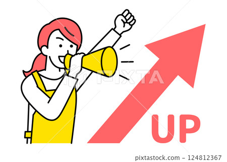 一名身穿圍裙的婦女拿著一支上升的箭頭和擴音器歡呼 一名身穿圍裙的婦女拿著一支上升的箭頭和擴音器歡呼 124812367